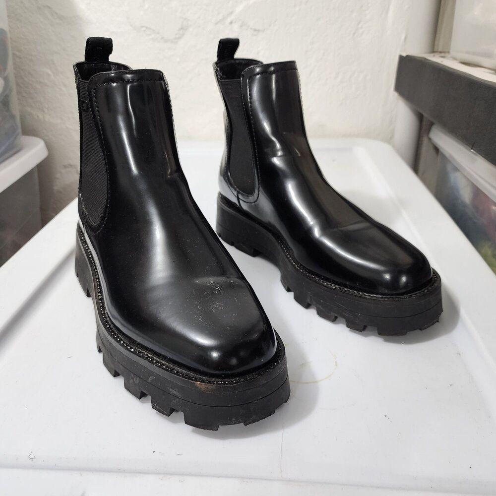 DKNY Womens Senni Chelsea Black Lug Boots Vegan Leather High-gloss US 10